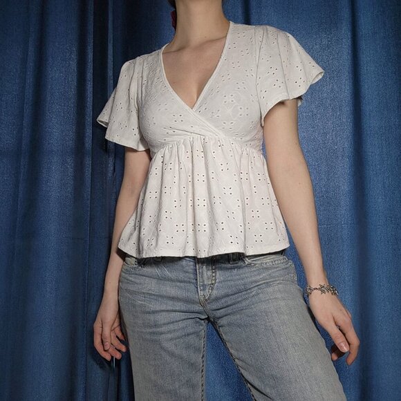 Gaze Apparel white eyelet babydoll top  ✦ white puffy-sleeved wrap top ✦ - Picture 3 of 12